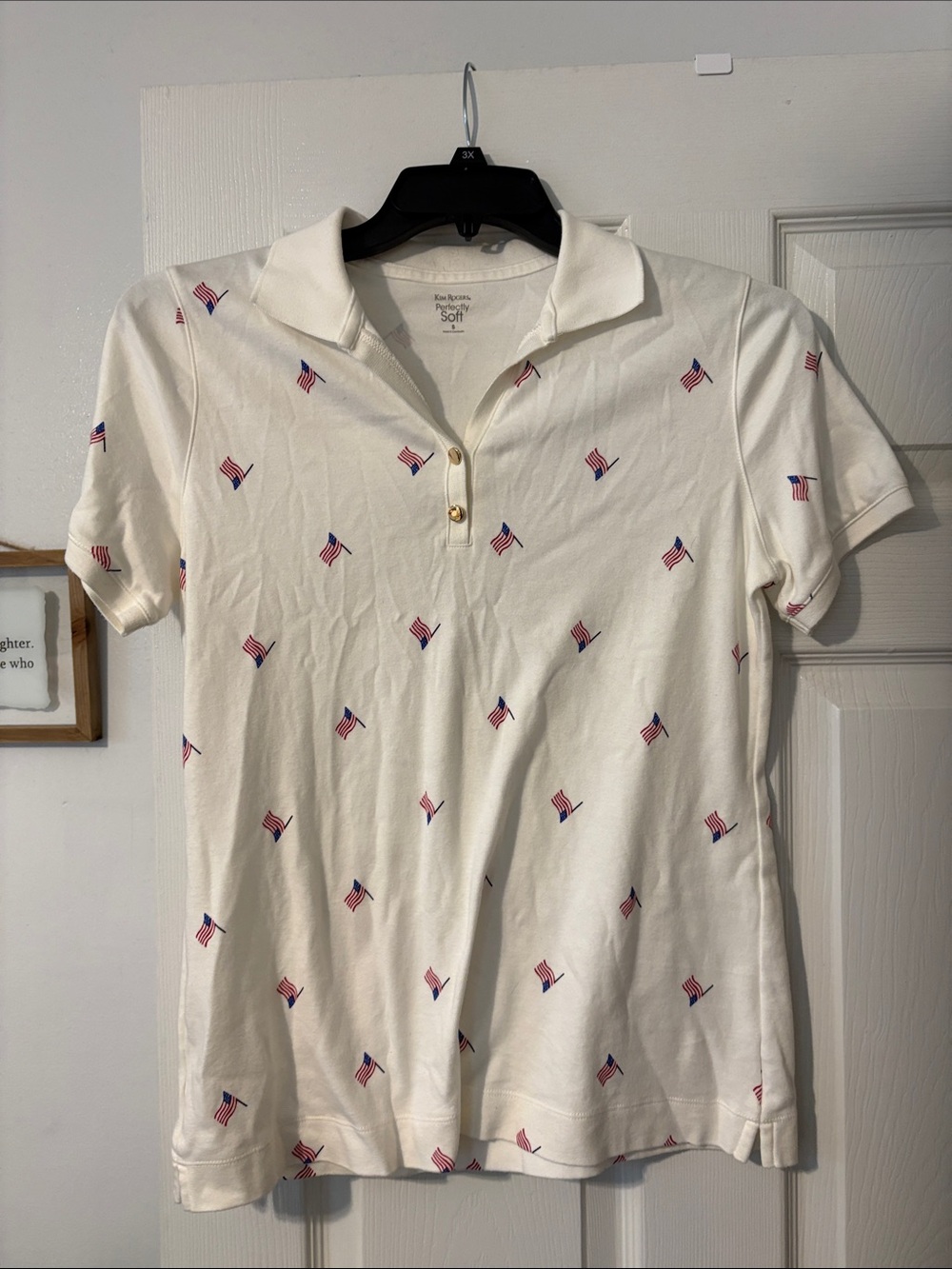 Kim Rogers White Polo Top with Red & Blue Flag Embroidery